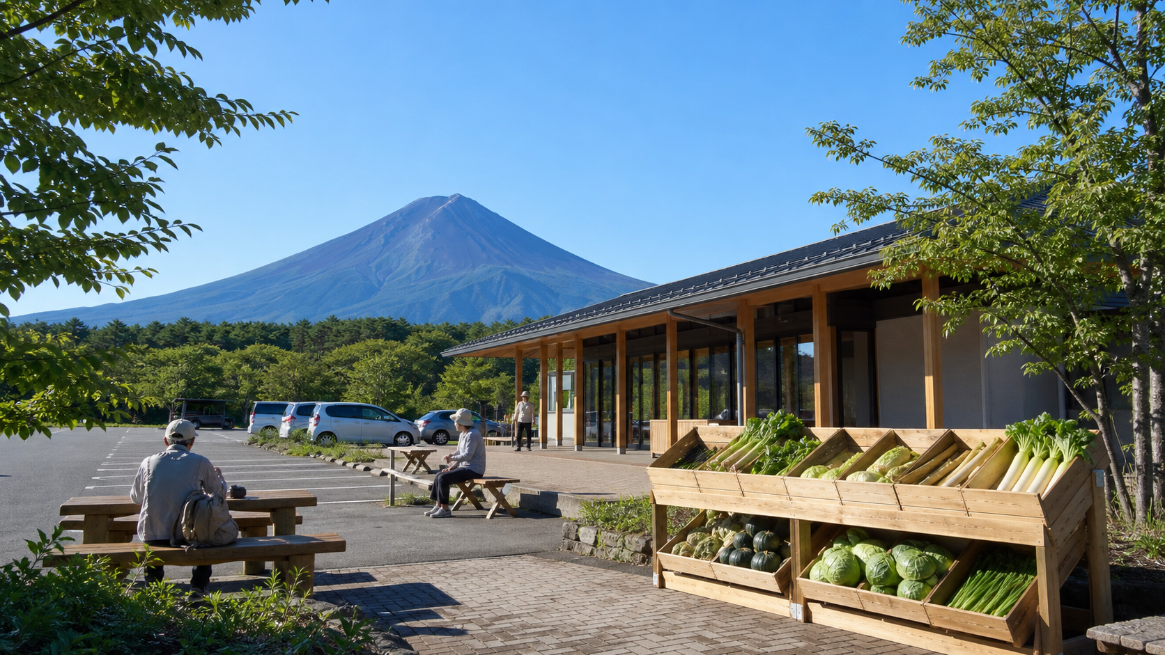 Travelers taking a summer break at a roadside station below Mount Fuji