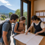 International travelers receiving help with a blank map inside a small information center below a snow-free Mount Fuji