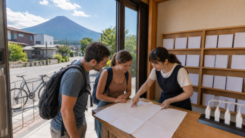 International travelers receiving help with a blank map inside a small information center below a snow-free Mount Fuji