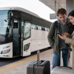 Text-free highway coach at a Japanese bus terminal with two travelers checking a smartphone reservation