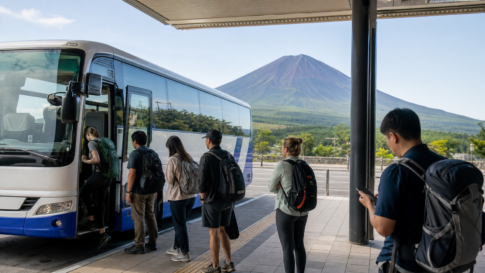 Text-free highway coach boarding hikers at a terminal with snow-free Mount Fuji behind