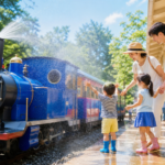 Family enjoying a cooling summer activity beside a child-friendly railway ride