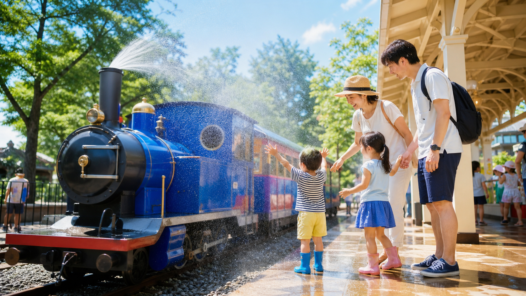Family enjoying a cooling summer activity beside a child-friendly railway ride