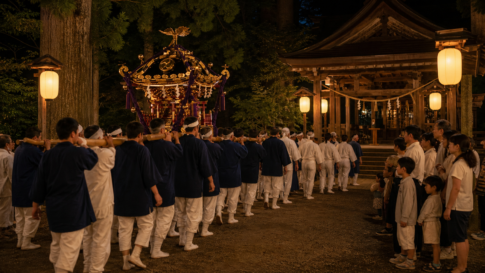 A mikoshi procession in plain festival clothing entering a traditional Japanese shrine at night
