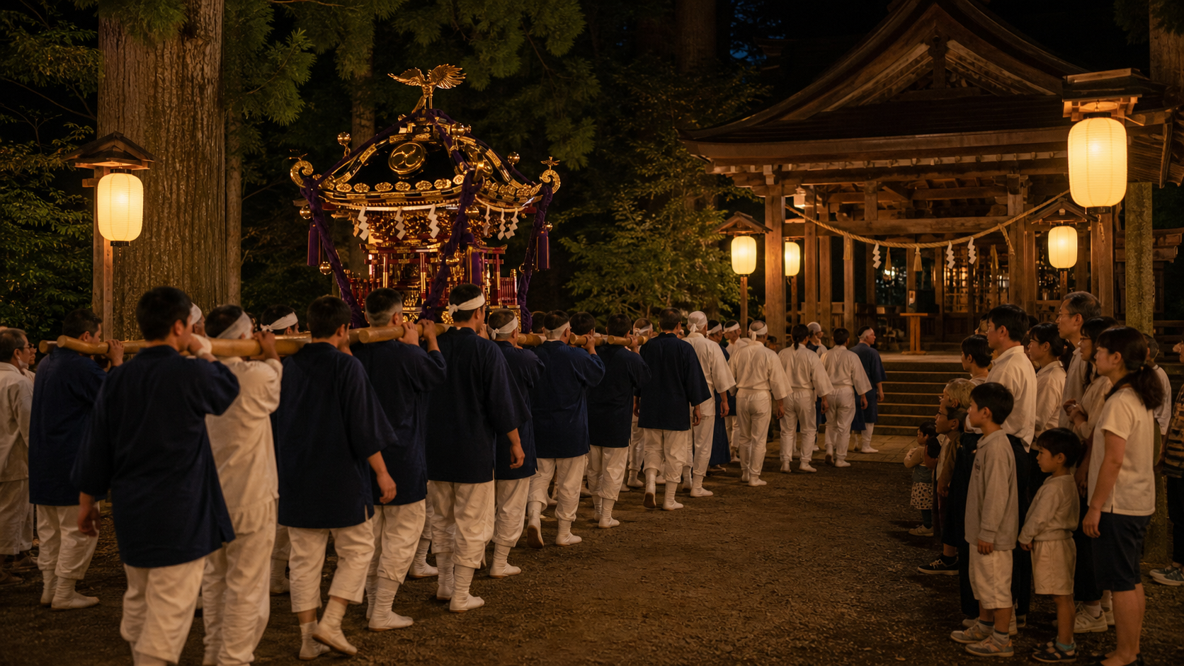 A mikoshi procession in plain festival clothing entering a traditional Japanese shrine at night