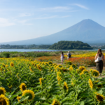 Travelers walking on a path through summer sunflower fields with snow-free Mount Fuji beyond