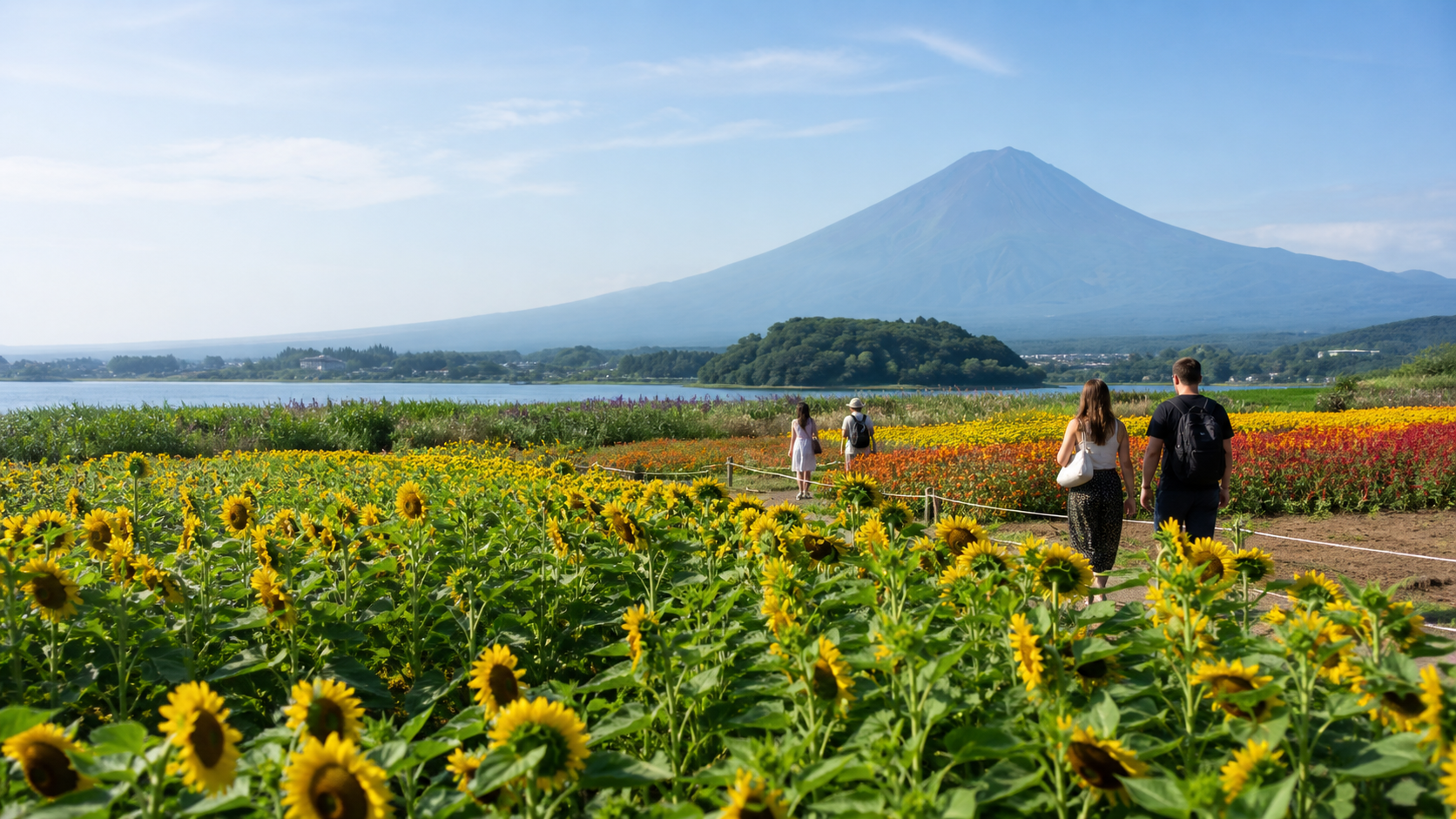Travelers walking on a path through summer sunflower fields with snow-free Mount Fuji beyond