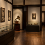 A quiet warm-lit historical music exhibition with portrait photographs and a gramophone
