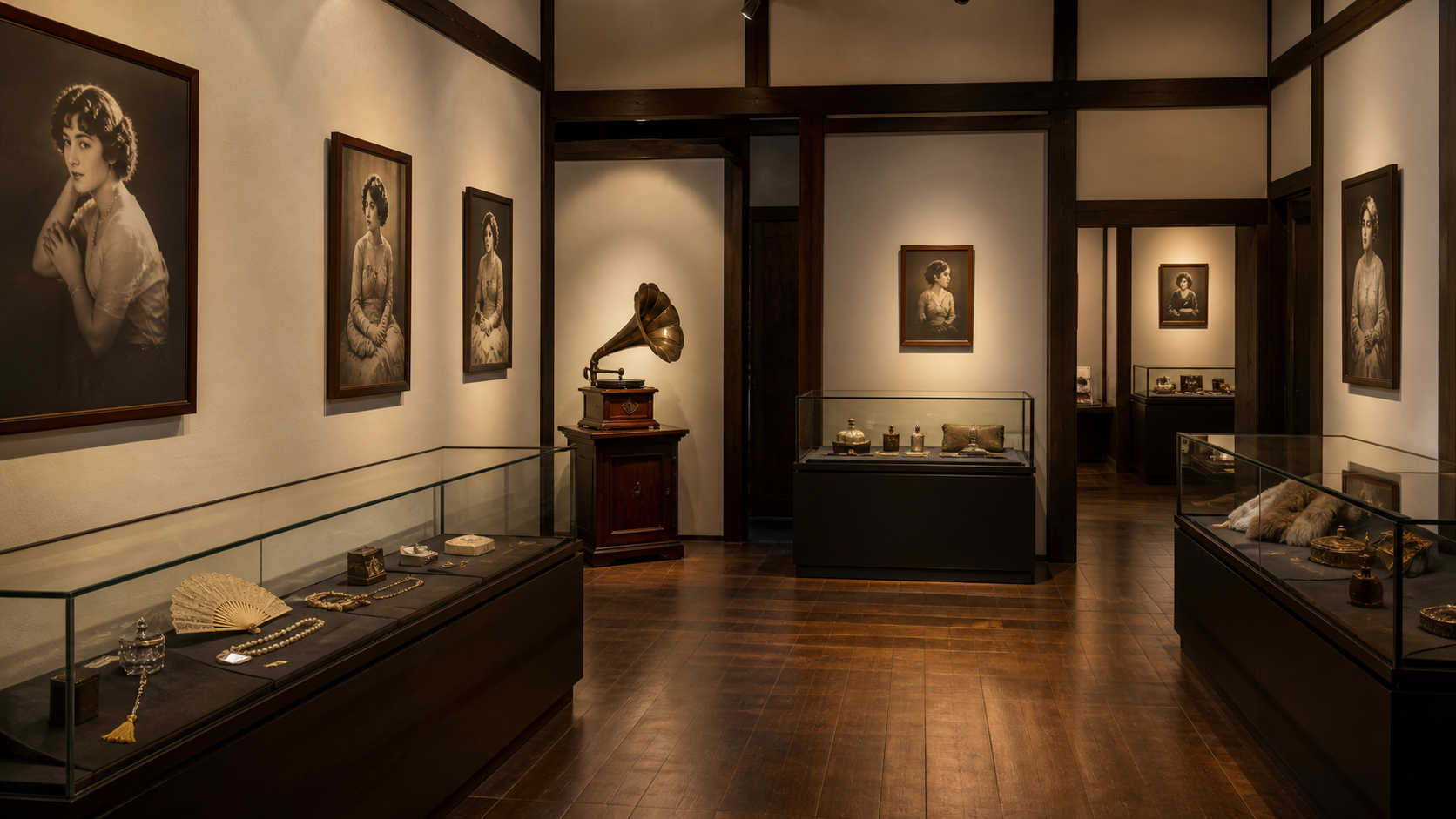 A quiet warm-lit historical music exhibition with portrait photographs and a gramophone