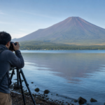 A traveler photographing bare summer Mount Fuji across Lake Yamanaka with a camera and tripod