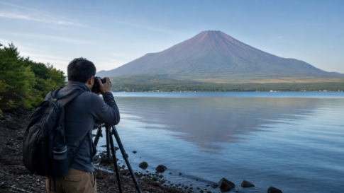 A traveler photographing bare summer Mount Fuji across Lake Yamanaka with a camera and tripod