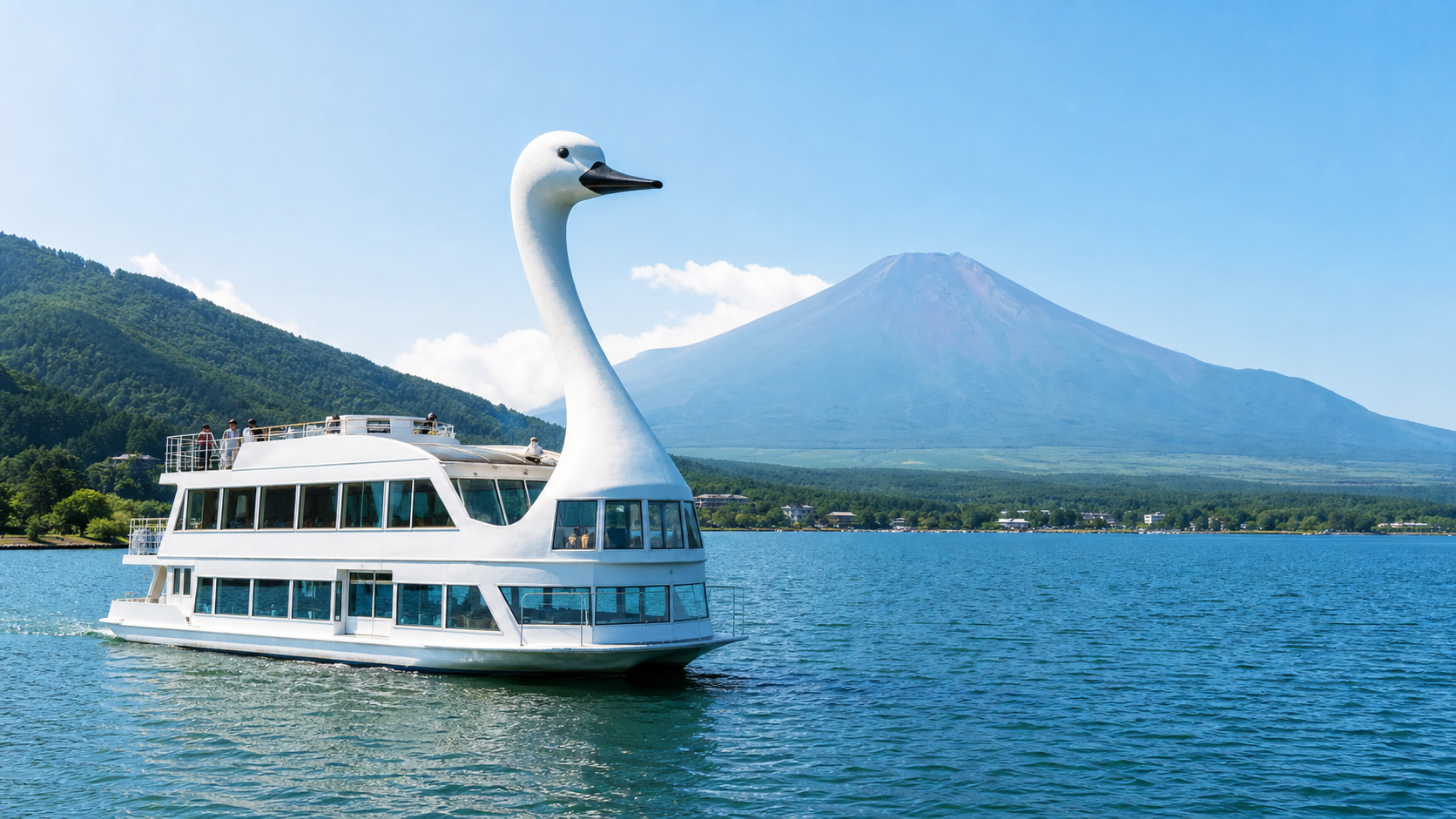 White swan-shaped sightseeing boat cruising on Lake Yamanaka with snow-free Mount Fuji beyond