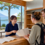 Travelers receiving help at a lakeside tourist information counter near Mount Fuji