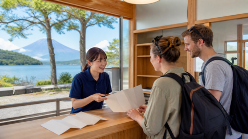 Travelers receiving help at a lakeside tourist information counter near Mount Fuji