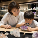 Parent and child examining colorful crystal specimens in a mineral museum