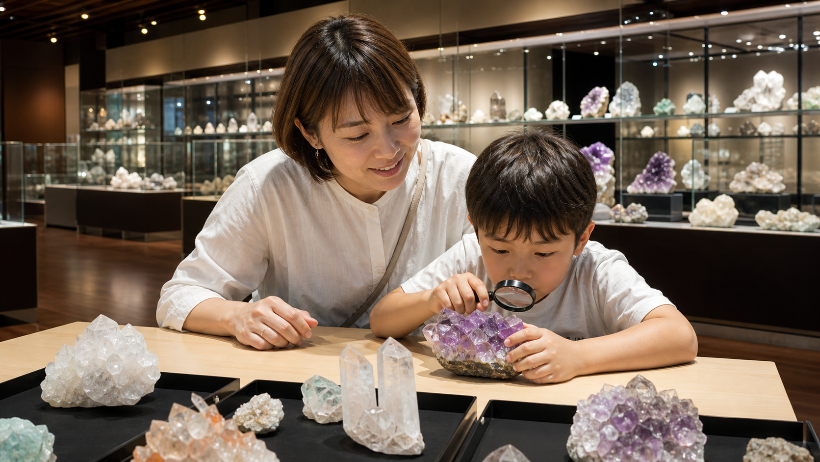Parent and child examining colorful crystal specimens in a mineral museum