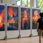 Traveler viewing four text-free fire-festival artworks in a bright summer exhibition lobby