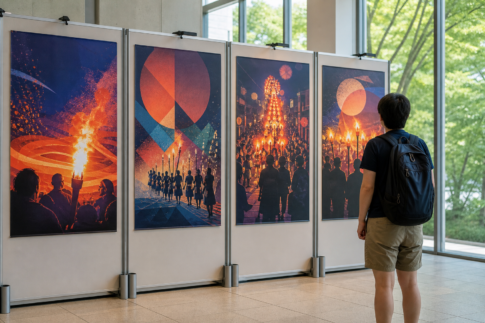 Traveler viewing four text-free fire-festival artworks in a bright summer exhibition lobby