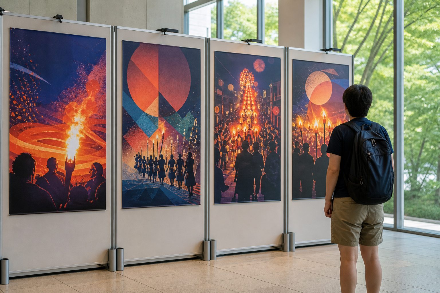 Traveler viewing four text-free fire-festival artworks in a bright summer exhibition lobby