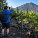 A hiker with plain unbranded gear taking a phone photo beside an unmarked wooden checkpoint on the summer Yoshida Trail