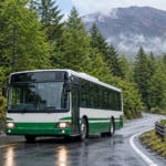 An unbranded local bus traveling on a wet forested road on Mount Fuji