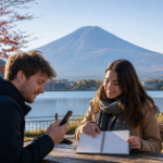 Text-free travelers using a phone and blank planner beside Lake Kawaguchiko with Mount Fuji