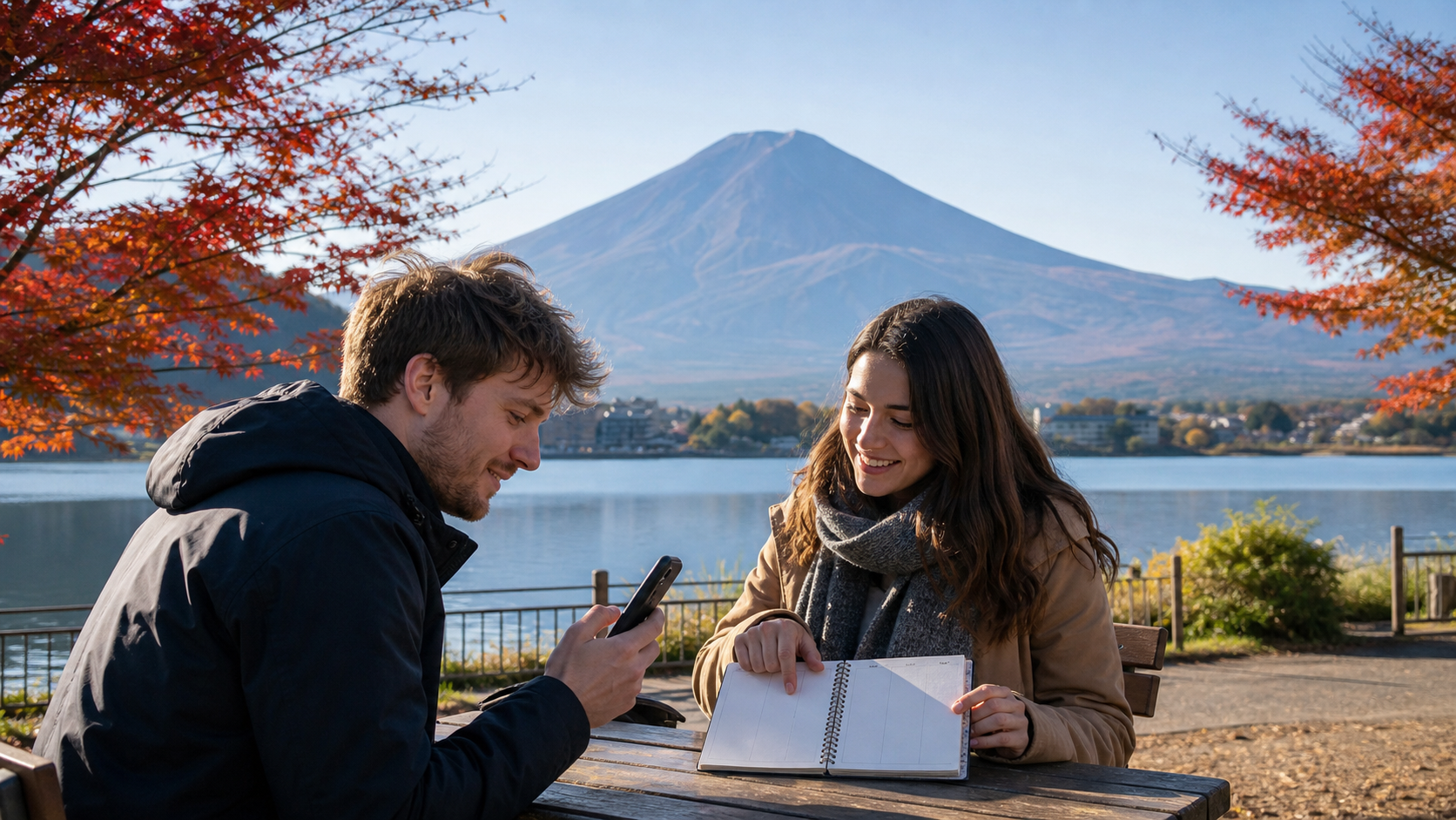 Text-free travelers using a phone and blank planner beside Lake Kawaguchiko with Mount Fuji