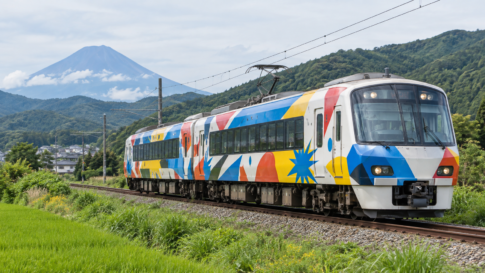 A colorful abstract-wrapped local train traveling through the foothills of Mount Fuji