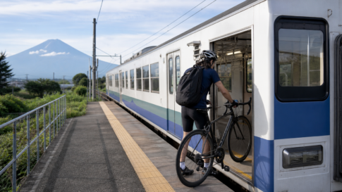 A cyclist rolling a road bicycle into a local train with Mount Fuji visible beyond the platform
