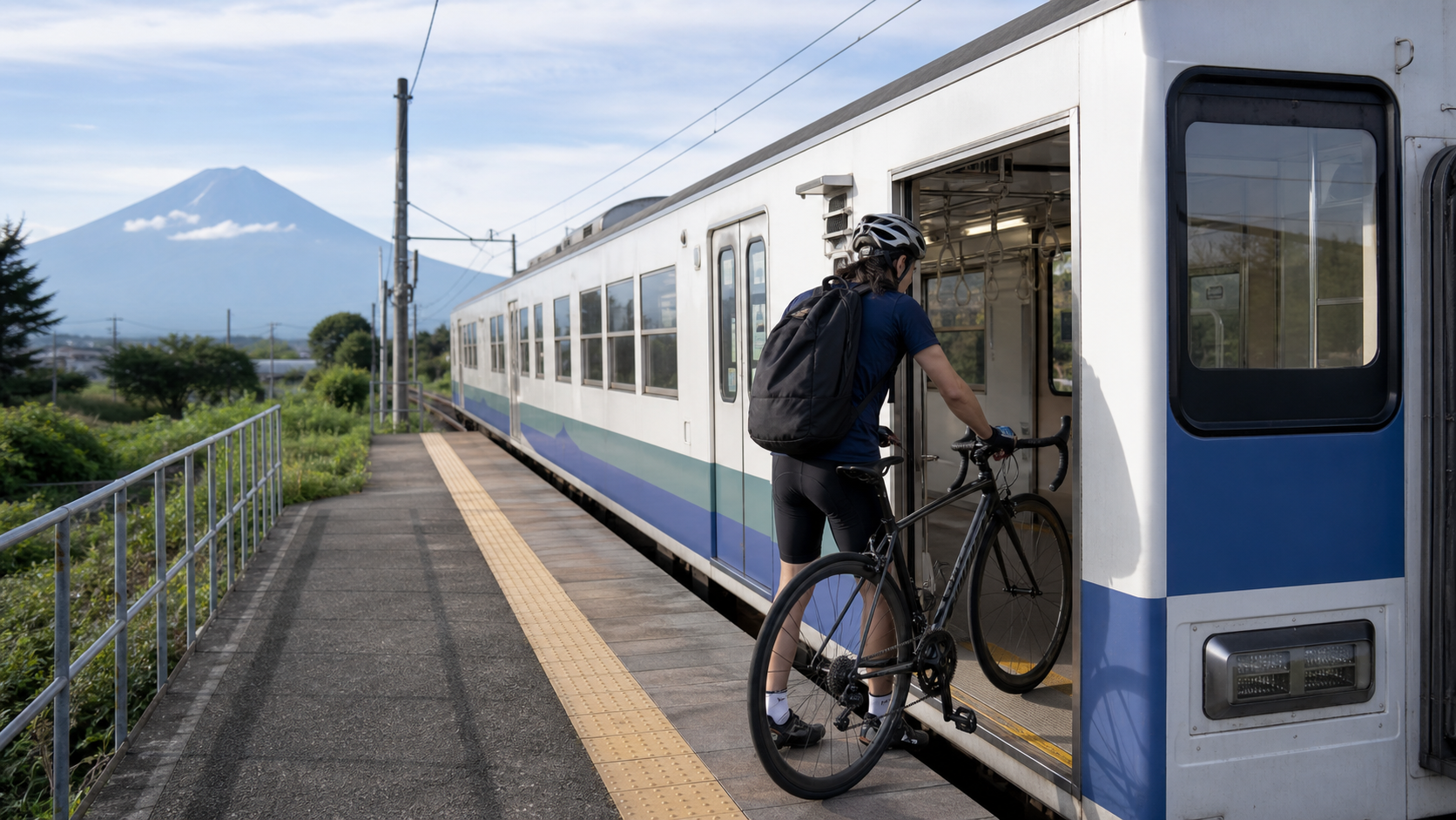 A cyclist rolling a road bicycle into a local train with Mount Fuji visible beyond the platform