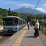 Text-free standard local train arriving at a rural station in the green Fuji foothills