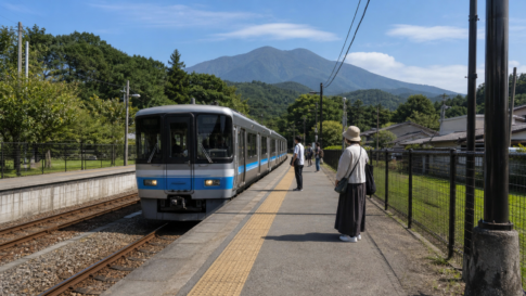 Text-free standard local train arriving at a rural station in the green Fuji foothills