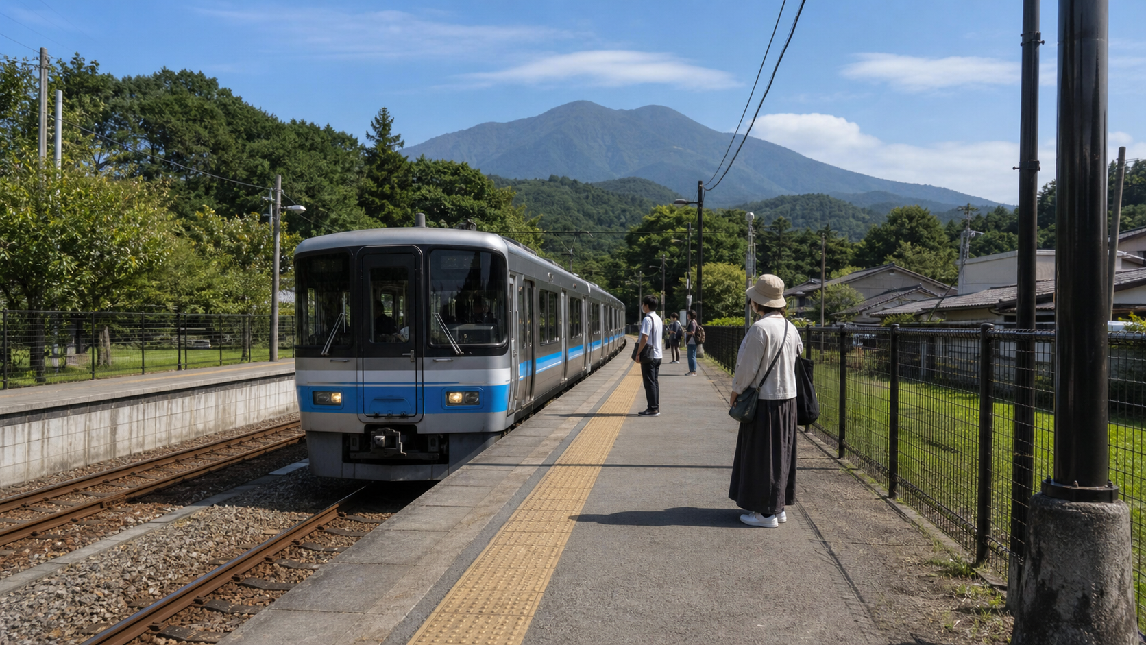 Text-free standard local train arriving at a rural station in the green Fuji foothills