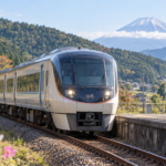 A regional limited-express train approaching a rural platform near Mount Fuji