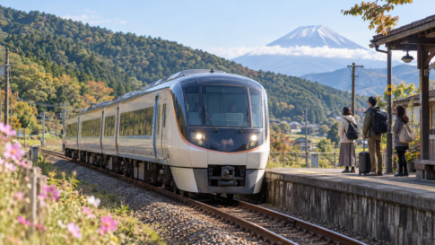 A regional limited-express train approaching a rural platform near Mount Fuji