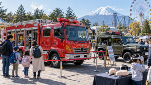 Families viewing a fire engine and emergency response vehicle at an amusement park safety event