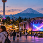 An evening amusement park plaza with an outdoor stage, illuminated rides, and Mount Fuji