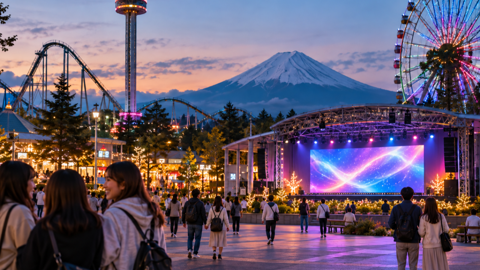 An evening amusement park plaza with an outdoor stage, illuminated rides, and Mount Fuji