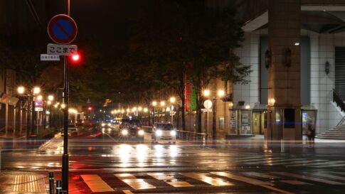 Cars with headlights approaching a pedestrian crossing on a Japanese street at night