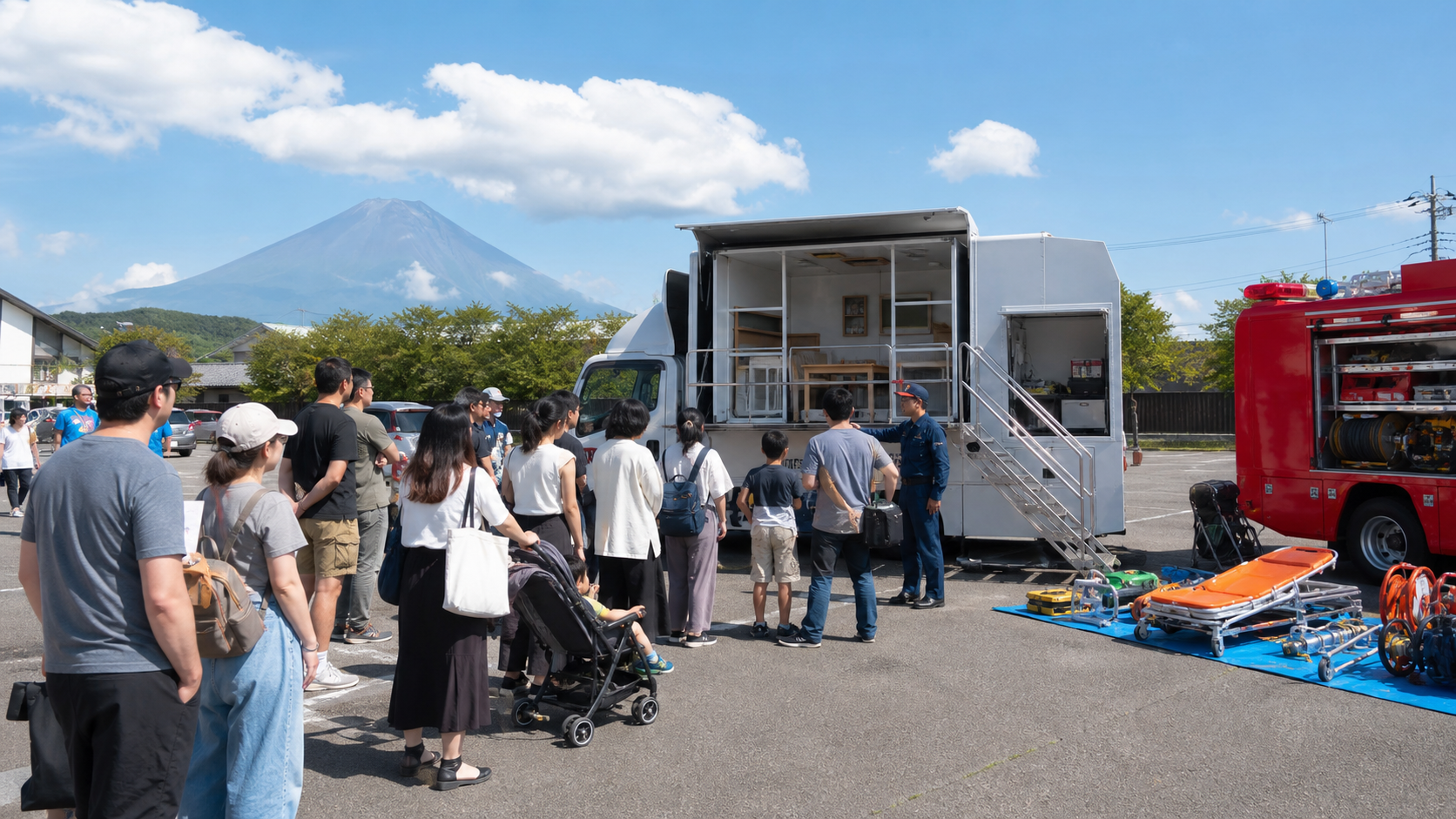 Text-free disaster preparedness event with families, an emergency demonstration vehicle, and Mount Fuji