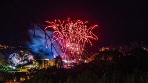 Fireworks illuminating the night sky above rides at an amusement park