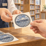 Editorial illustration of a visitor receiving a manhole-pattern souvenir card at a library counter
