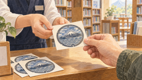 Editorial illustration of a visitor receiving a manhole-pattern souvenir card at a library counter