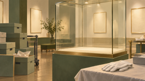 Conceptual illustration of an empty museum display case during an exhibition change