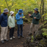 Text-free guide explaining plants and dark volcanic ground to visitors on a safe autumn forest trail