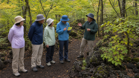 Text-free guide explaining plants and dark volcanic ground to visitors on a safe autumn forest trail