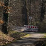 A forest road blocked by a safety barrier