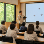 Text-free bird science seminar in a bright lecture room overlooking a green forest
