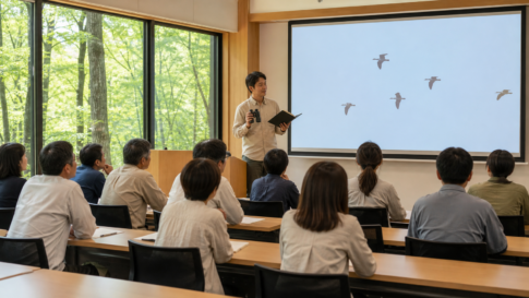 Text-free bird science seminar in a bright lecture room overlooking a green forest