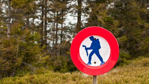 A red no-hiking symbol beside a forest trail